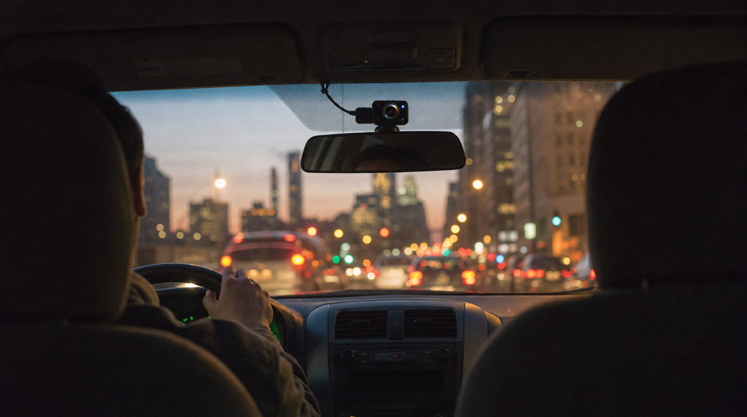 Dash cam with a cabin lens behind the rear-view mirror of a rideshare car at dusk